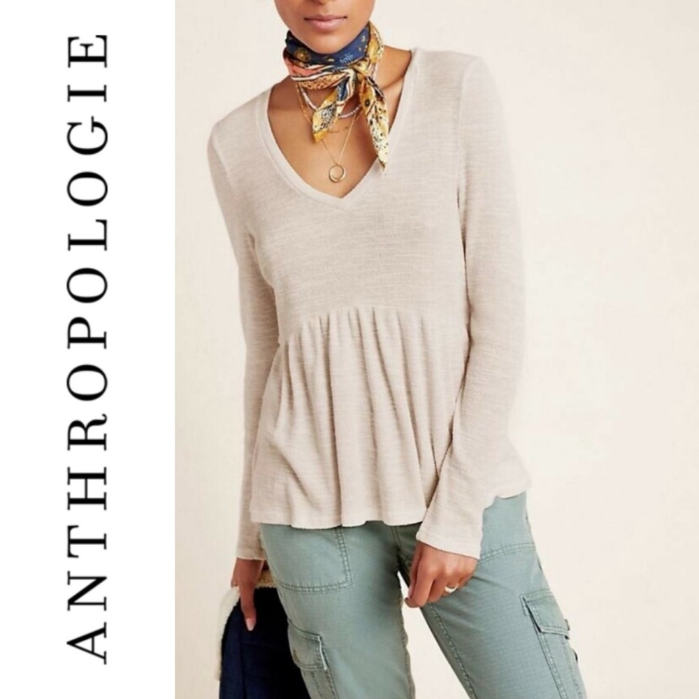 t.la Anthropologie Jill Cream Waffle Knit Babydoll Top Cozy Peplum Size M